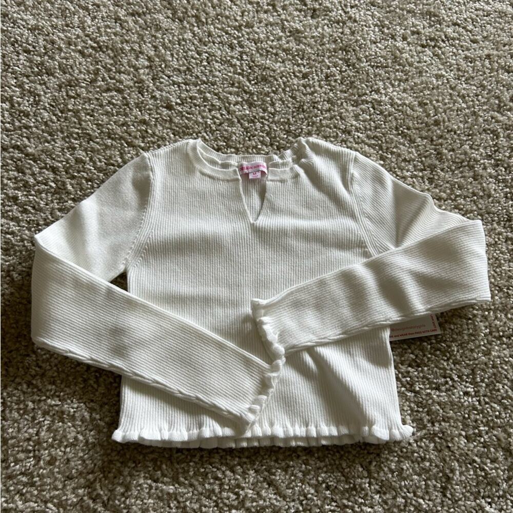 NWT Design History Girls White Ribbed V Neck Scallop Hem Shirt Size Medium Youth